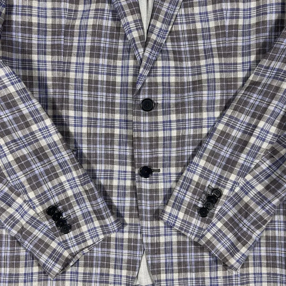 Banana Republic Sport Coat L Mens 42S Plaid 100 Linen Tailored Fit Chore Jacket